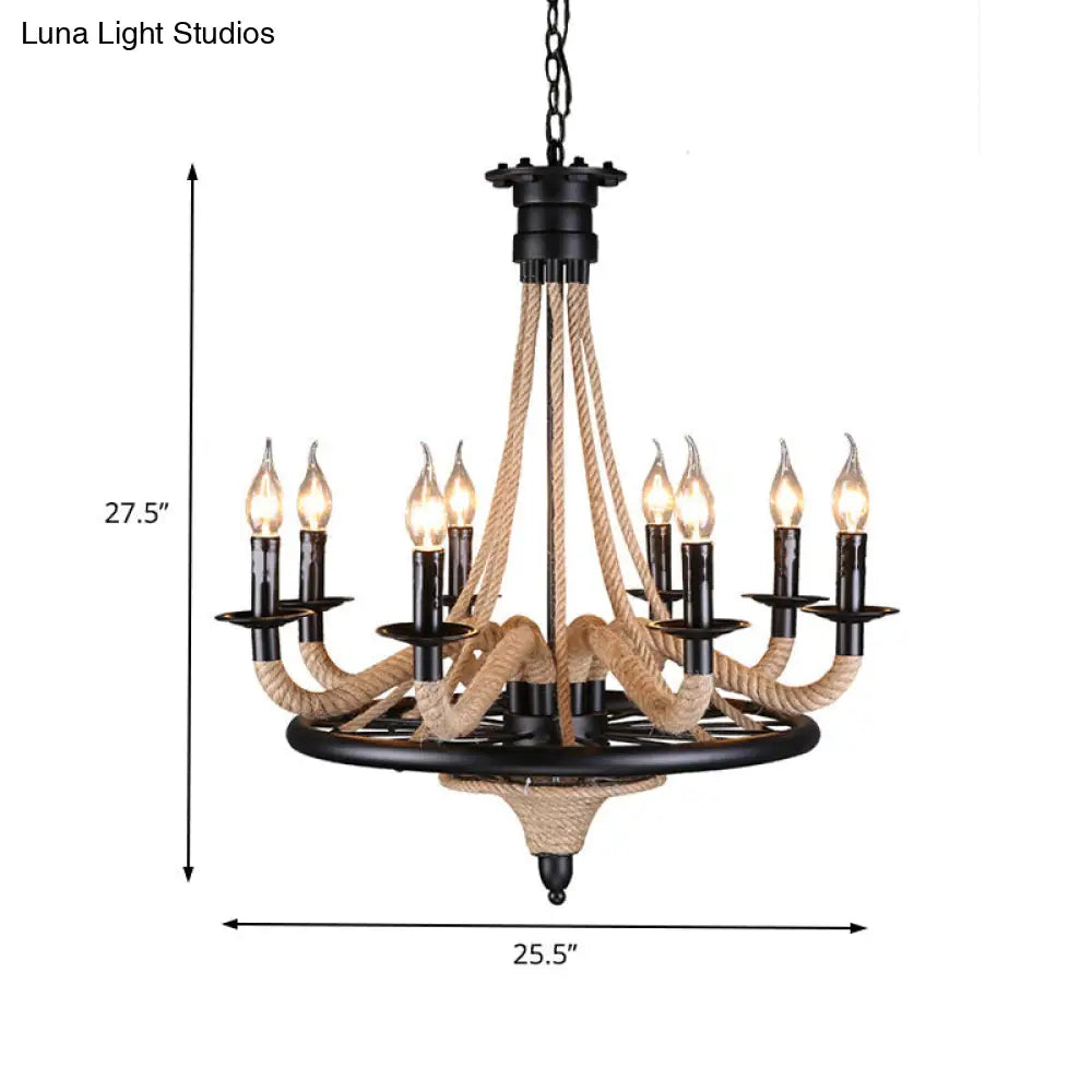 Vintage Wagon Wheel 6 Bulb Chandelier Pendant Light with Rope Detail - Black Metal Hanging Lamp