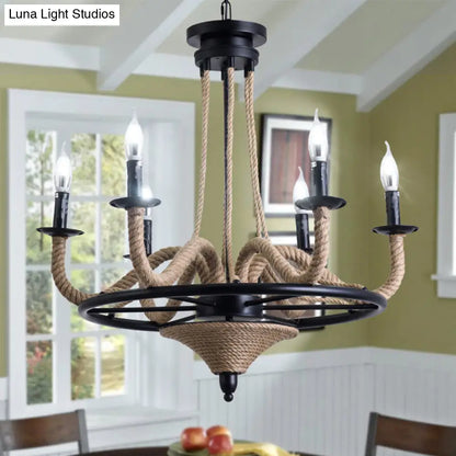 Vintage Wagon Wheel 6 Bulb Chandelier Pendant Light with Rope Detail - Black Metal Hanging Lamp