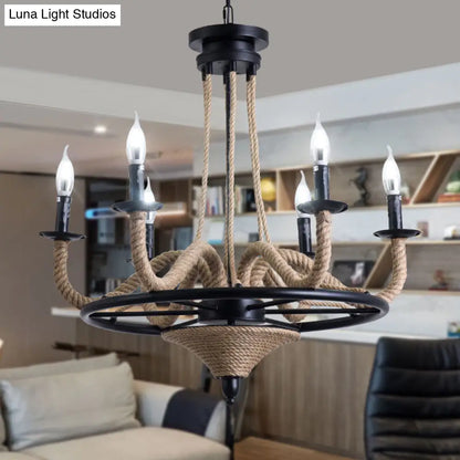 Vintage Wagon Wheel 6 Bulb Chandelier Pendant Light with Rope Detail - Black Metal Hanging Lamp