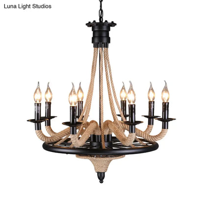 Vintage Wagon Wheel 6 Bulb Chandelier Pendant Light with Rope Detail - Black Metal Hanging Lamp