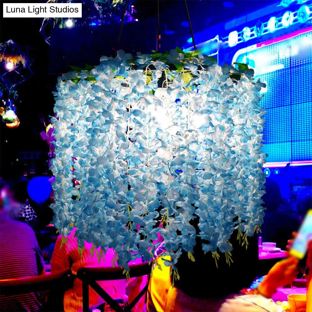 Vintage Wagon Wheel Chandelier Pendant Light with Artificial Flower Vine - 3-Bulb Iron Hanging Fixture