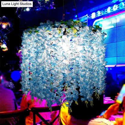 Vintage Wagon Wheel Chandelier Pendant Light with Artificial Flower Vine - 3-Bulb Iron Hanging Fixture