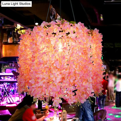 Vintage Wagon Wheel Chandelier Pendant Light with Artificial Flower Vine - 3-Bulb Iron Hanging Fixture