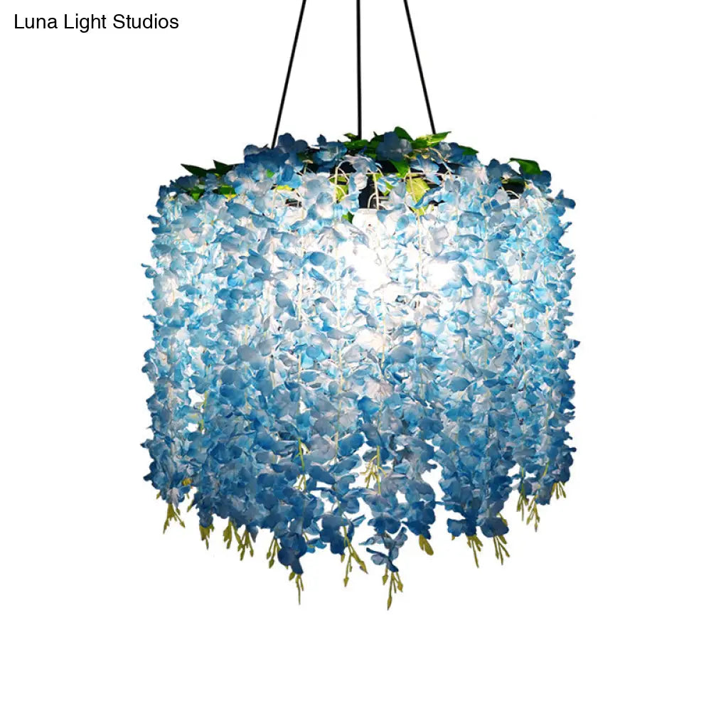 Vintage Wagon Wheel Chandelier Pendant Light with Artificial Flower Vine - 3-Bulb Iron Hanging Fixture