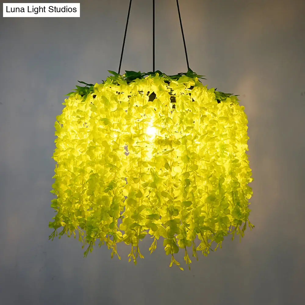 Vintage Wagon Wheel Chandelier Pendant Light with Artificial Flower Vine - 3-Bulb Iron Hanging Fixture