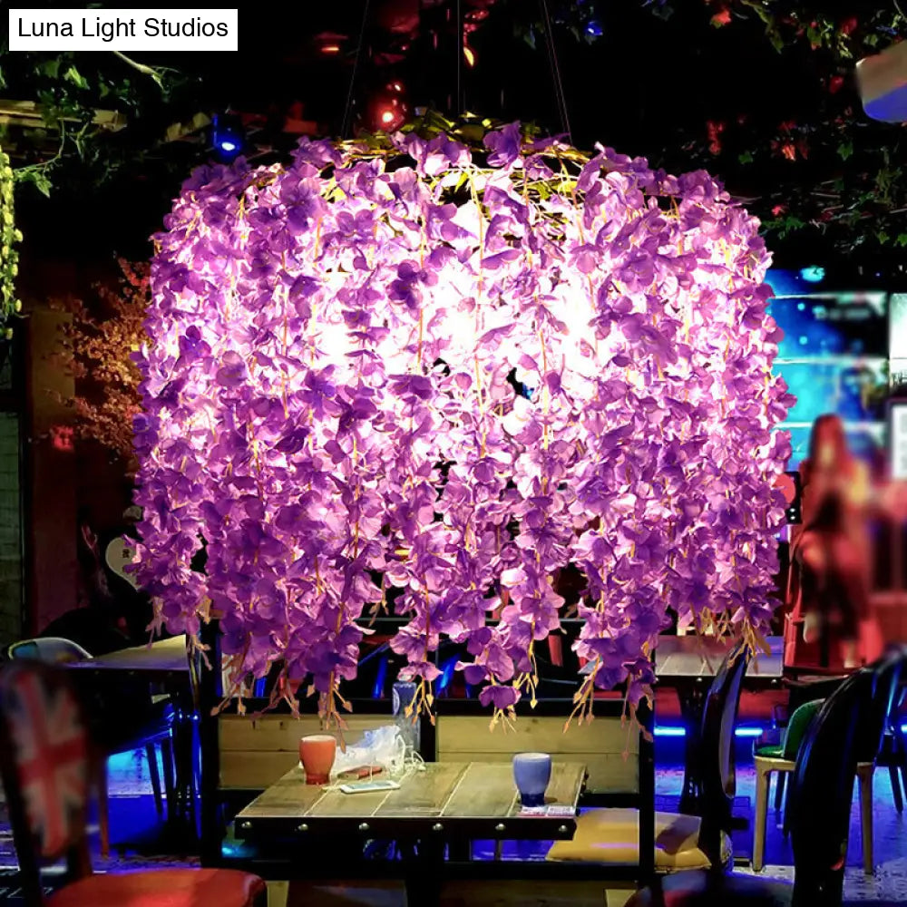 Vintage Wagon Wheel Chandelier Pendant Light with Artificial Flower Vine - 3-Bulb Iron Hanging Fixture