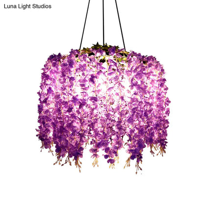 Vintage Wagon Wheel Chandelier Pendant Light with Artificial Flower Vine - 3-Bulb Iron Hanging Fixture