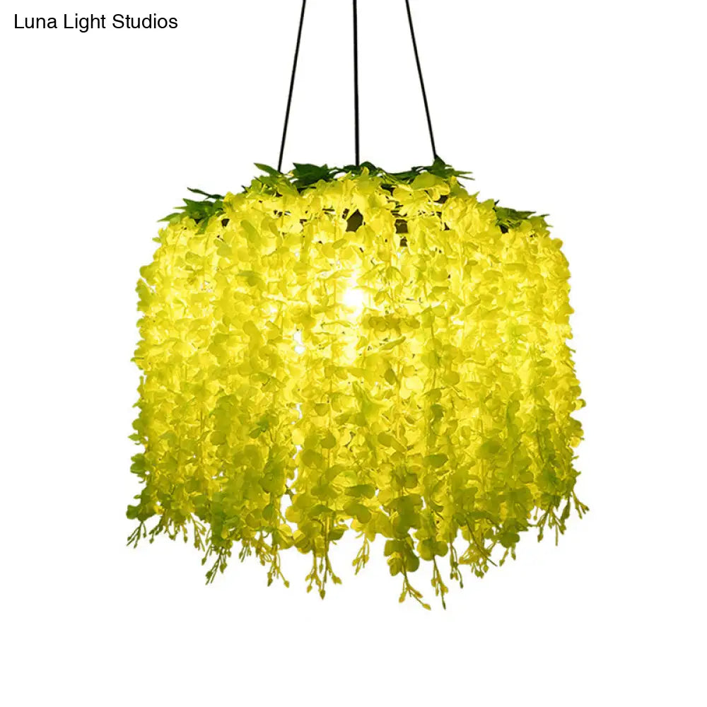 Vintage Wagon Wheel Chandelier Pendant Light with Artificial Flower Vine - 3-Bulb Iron Hanging Fixture