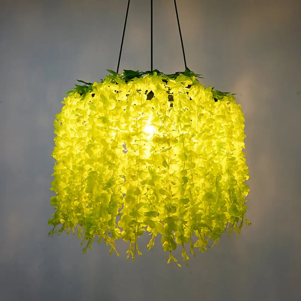 Vintage Wagon Wheel Chandelier Pendant Light with Artificial Flower Vine - 3-Bulb Iron Hanging Fixture