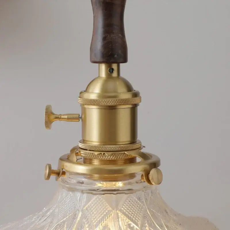 Antique brass lamp socket with dark wood handle and clear cut glass shade for vintage walnut and brass glass led pendant lamp