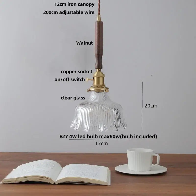 Vintage walnut and brass glass led pendant lamp with clear ribbed shade and iron canopy for dining room lighting