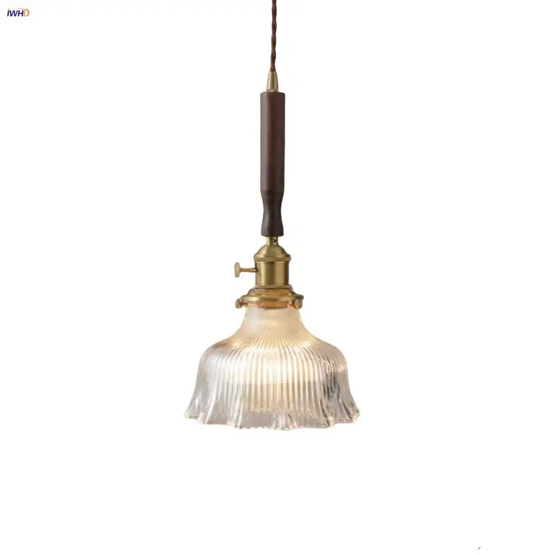 Vintage walnut and brass glass led pendant lamp with ribbed clear glass shade and dark brown wooden handle for dining room