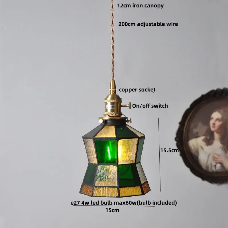 Vintage walnut and brass glass led pendant lamp with green and gold geometric shade for dining room lighting