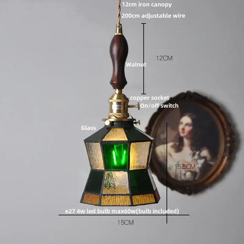 Vintage walnut and brass glass led pendant lamp with green and amber stained glass panels for dining room use