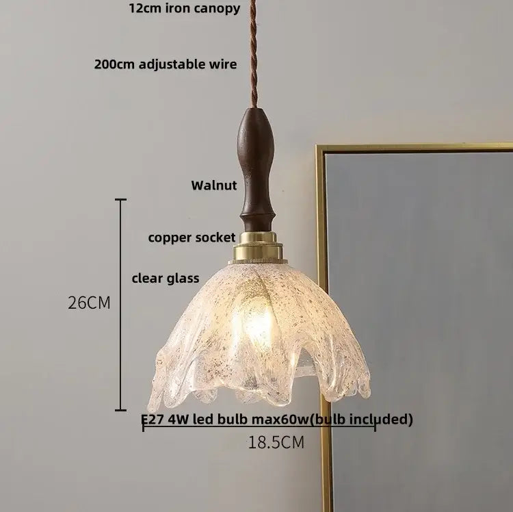 Vintage walnut and green glass pendant light with textured petal design and led wood walnut iron canopy for dining room decorbites led wood