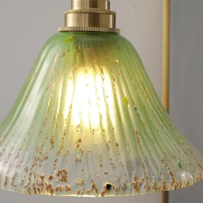 Vintage walnut and green glass pendant light with translucent ridged lampshade and brass fixture decorbites led wood