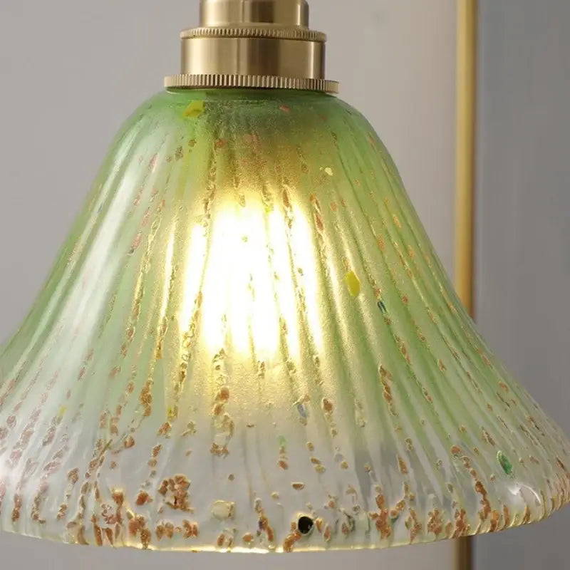Vintage walnut and green glass pendant light with translucent ridged lampshade and brass fixture decorbites led wood