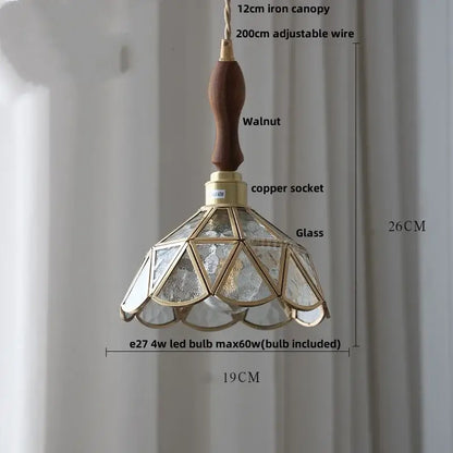 Vintage walnut and green glass led wood pendant light with brass accents and geometric textured glass for dining room decorbites led wood