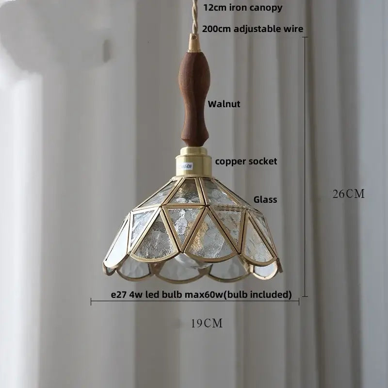 Vintage walnut and green glass led wood pendant light with brass accents and geometric textured glass for dining room decorbites led wood