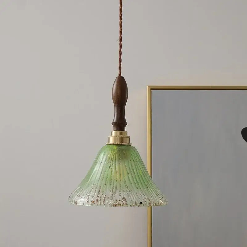 Vintage walnut and green glass led wood pendant light with ribbed glass shade and dark wood handle for dining room decorbites led wood