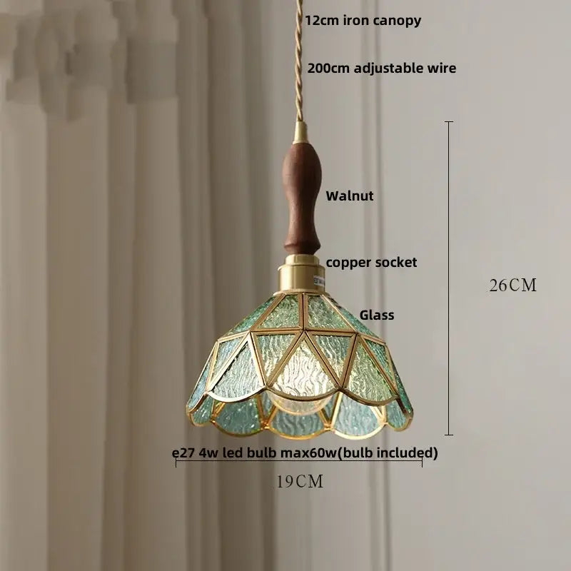 Vintage walnut and green glass led wood pendant light with brass accents for dining room by decorbites led wood walnut