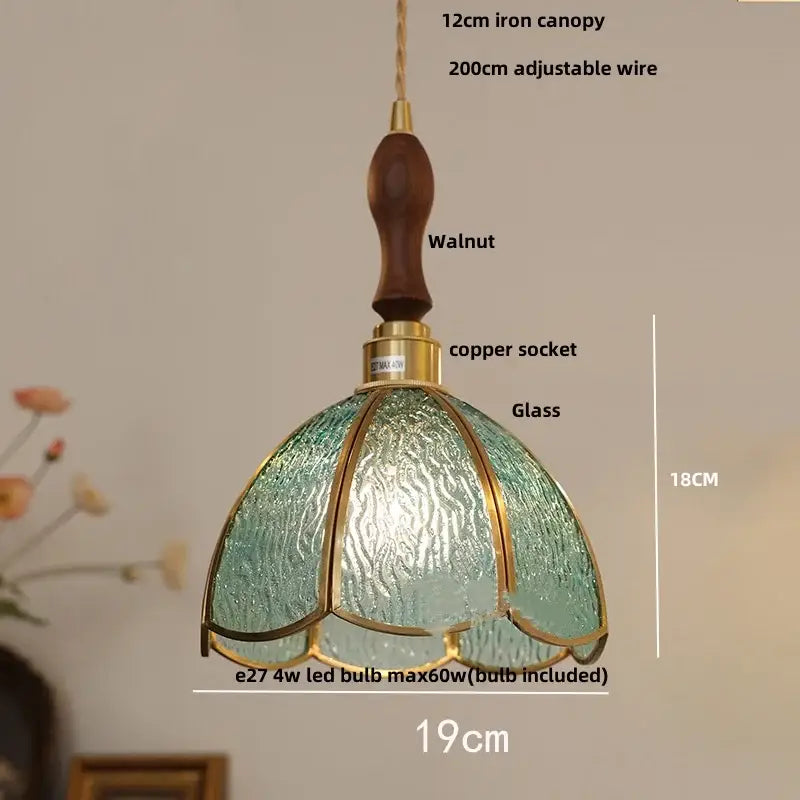 Vintage walnut and green glass pendant light featuring a teal textured glass shade with brass accents by DecorBites led wood walnut