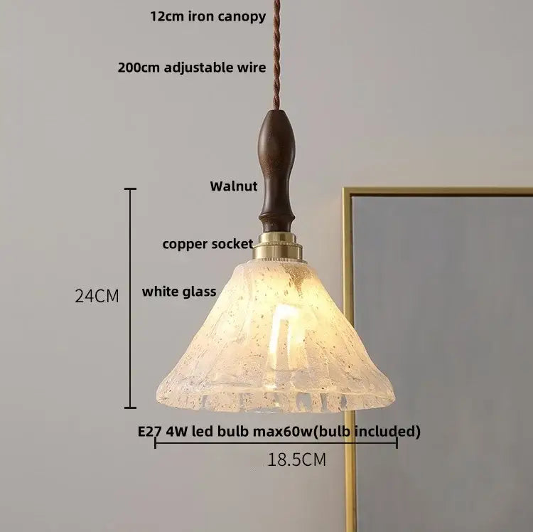 Vintage walnut and green glass led wood pendant light with textured white glass shade and copper wire suspension