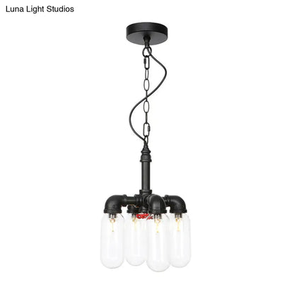 Vintage Water Pipe Chandelier Pendant Lighting - LED Hanging Lamp Kit with 4 Amber/Clear Glass Bulbs