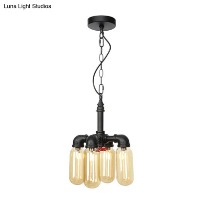 Vintage Water Pipe Chandelier Pendant Lighting - LED Hanging Lamp Kit with 4 Amber/Clear Glass Bulbs