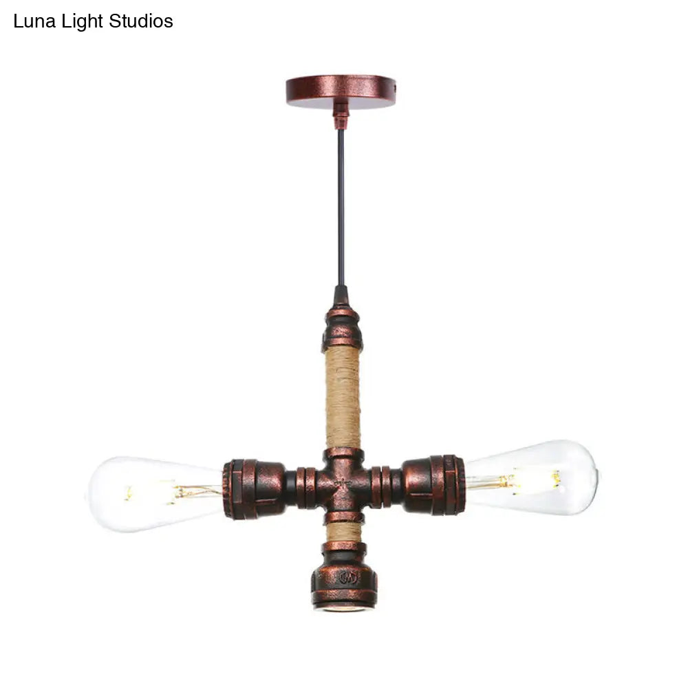 Vintage Water Pipe Chandelier with 2/3 Hanging Pendant Lights in Rust, 8"/9"/10" Width