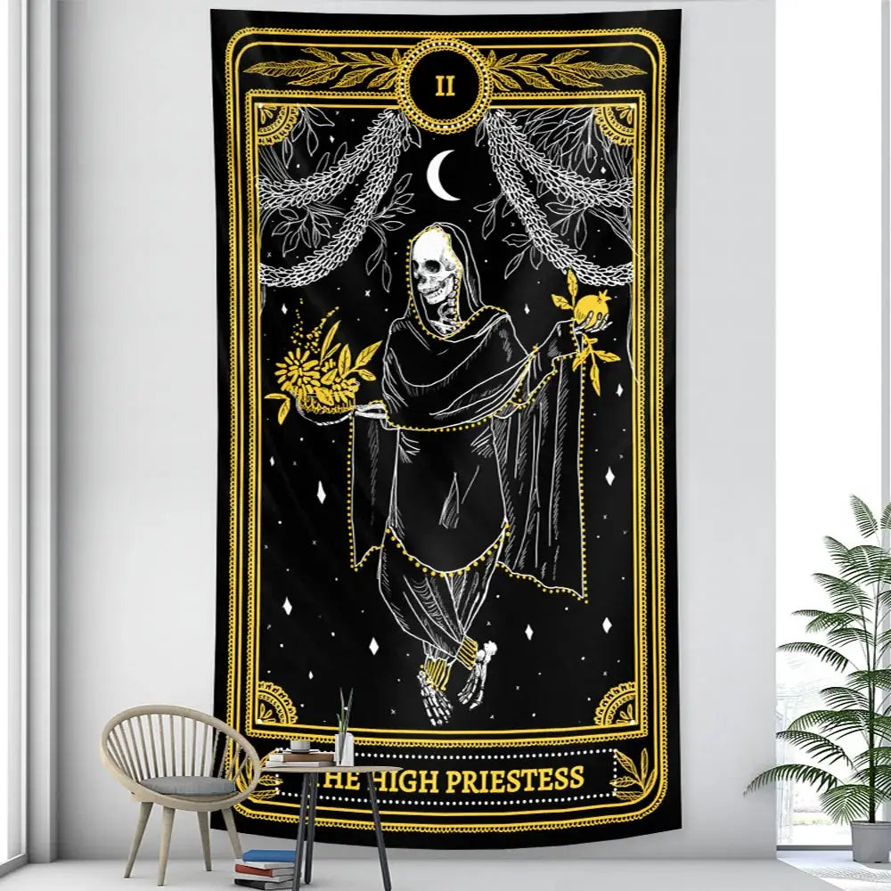 Black and gold tarot witchcraft tapestry featuring the high priestess skeleton with flowers in starry night decorbites black