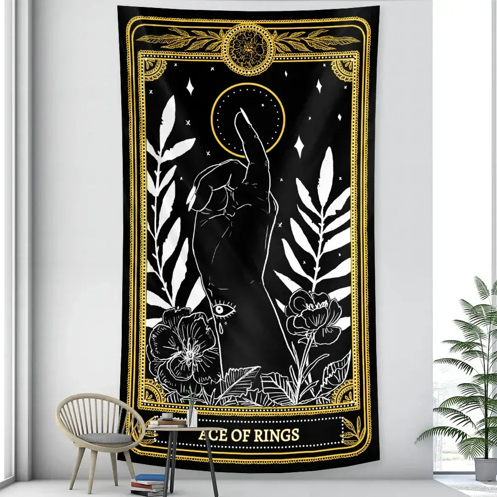 Vintage wheel of fortune tarot witchcraft tapestry featuring a beige decorbites black white tarot witchcraft priestess design