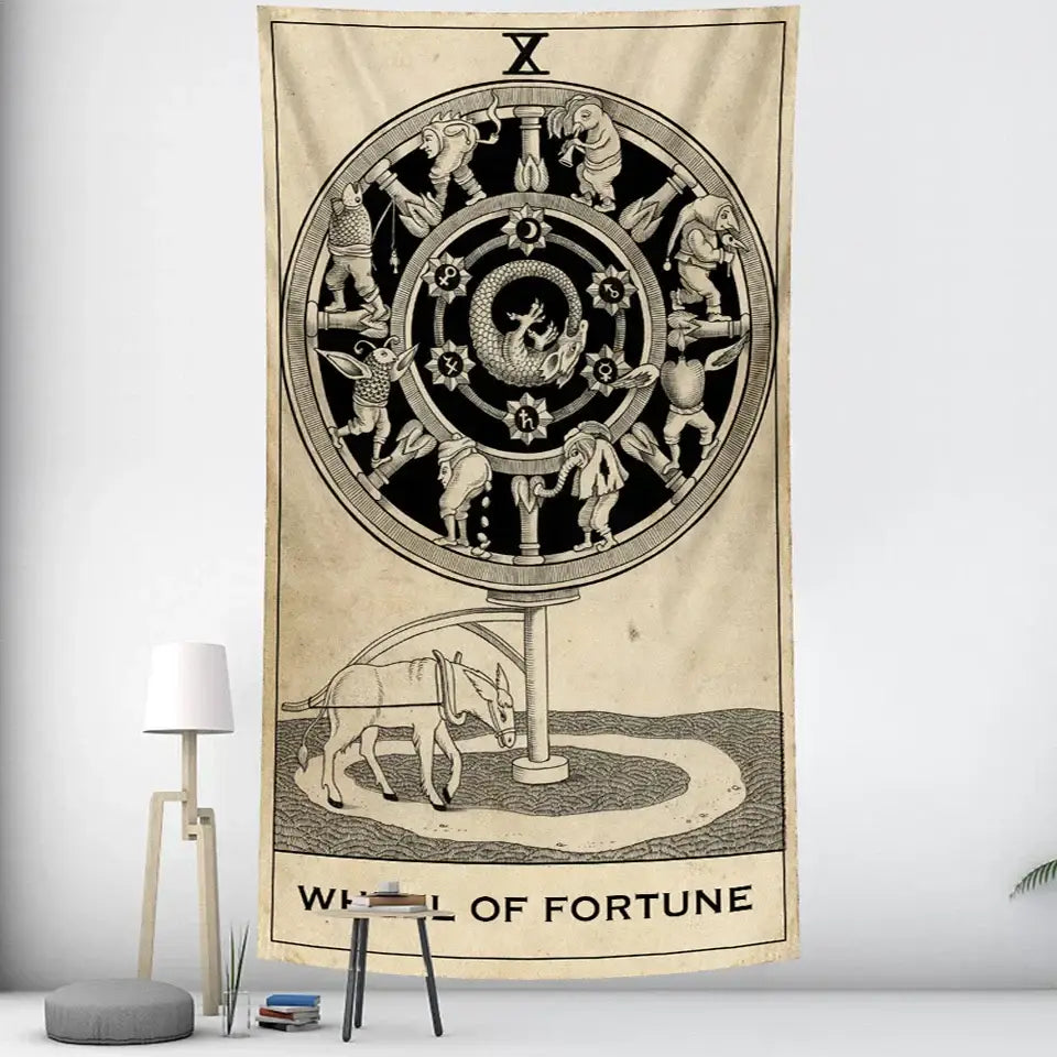Beige tapestry featuring a black and white vintage wheel of fortune tarot witchcraft design for bedroom wall decor