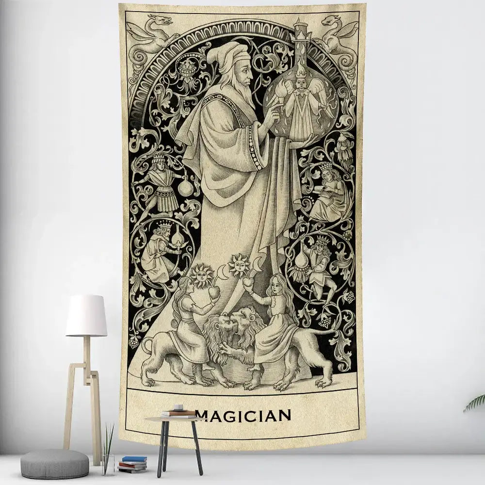Beige and black ornate tarot witchcraft tapestry featuring the magician card for vintage bedroom wall decorbites black