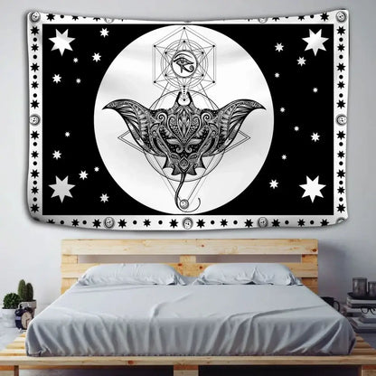 Black and white tarot witchcraft tapestry featuring an intricate bat design with geometric patterns for wall decorbites black decor