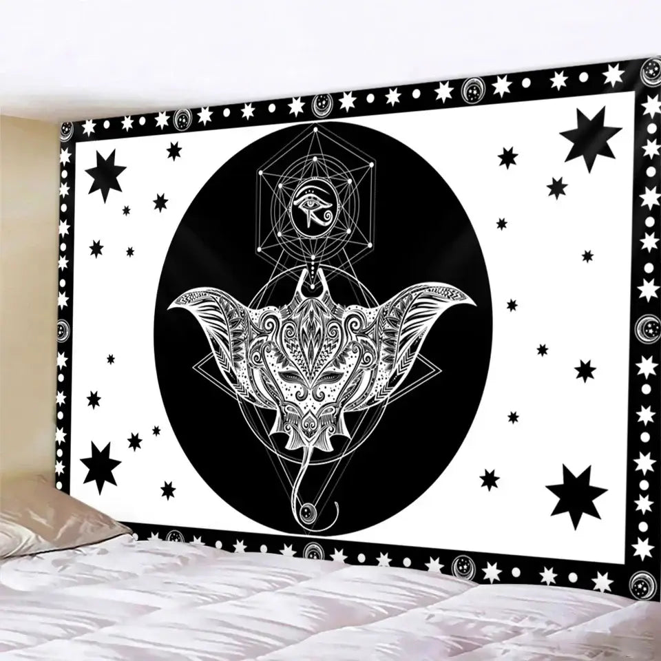 Black and white vintage wheel of fortune tarot witchcraft tapestry featuring manta ray geometric patterns for bedroom decorbites black