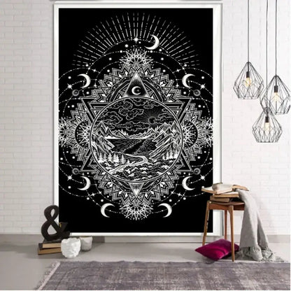 Black tapestry with intricate white tarot witchcraft line art featuring mountain and celestial symbols for wall decorbites decor