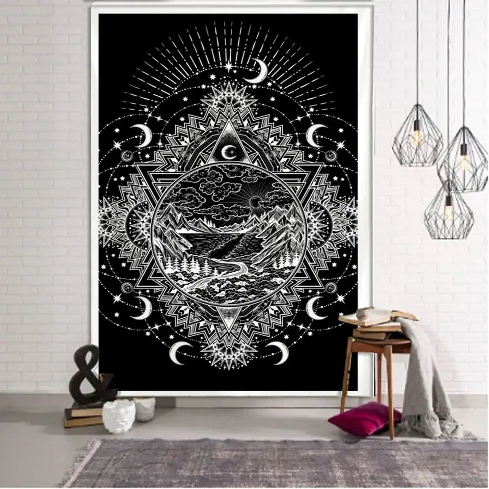 Black tapestry with intricate white tarot witchcraft line art featuring mountain and celestial symbols for wall decorbites decor