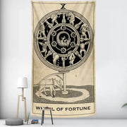 Vintage wheel of fortune tarot witchcraft tapestry in beige with black and white detailed illustration for bedroom decorbites black