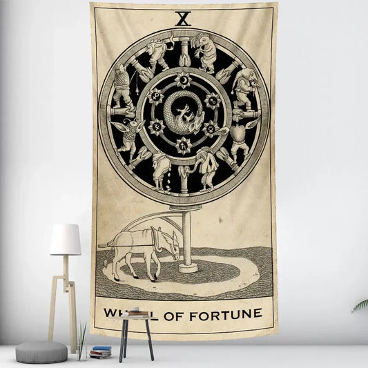 Vintage wheel of fortune tarot witchcraft tapestry in beige with black and white detailed illustration for bedroom decorbites black