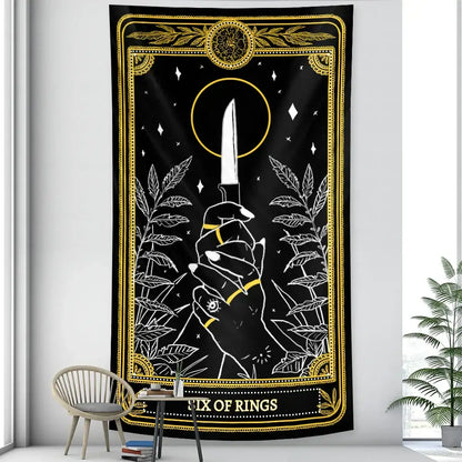 Black and gold vintage wheel of fortune tarot witchcraft tapestry with stylized hand and ornate botanical patterns for decorbites black
