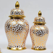 Vintage white ceramic checkmate jar with gold leopard print and golden lids for decorbites leopard print decor