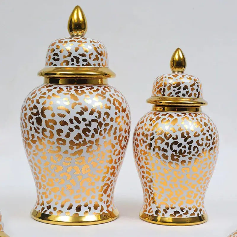 Elegant white ceramic checkmate jar with gold mosaic detailing and leopard print for decorbites leopard print decor
