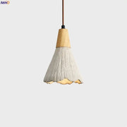 Vintage white cement led pendant lamp with a conical textured shade and wood top for dining room decorbites cement led