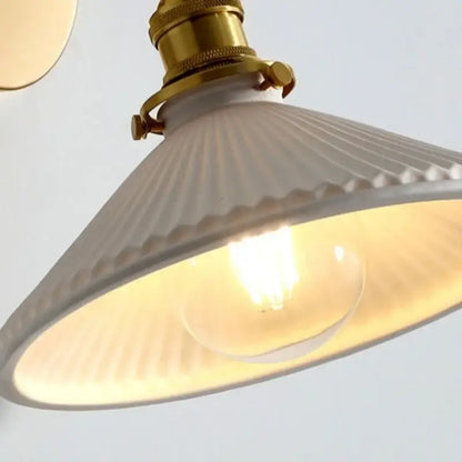 Vintage white ceramic wall sconce with brass copper canopy led fixture and exposed bulb for bedroom decorbites copper canopy