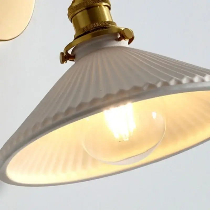 Vintage white ceramic wall sconce with brass copper canopy led fixture and exposed bulb for bedroom decorbites copper canopy