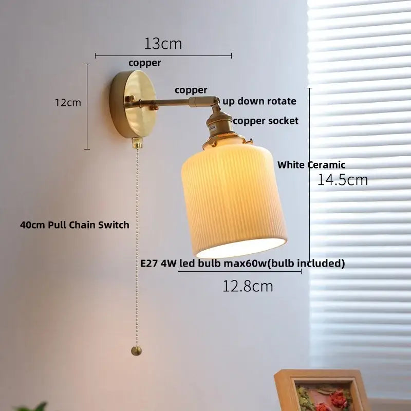 Vintage white ceramic and copper canopy led wall sconce with copper finish and ridged shade for bedroom decorbites copper canopy