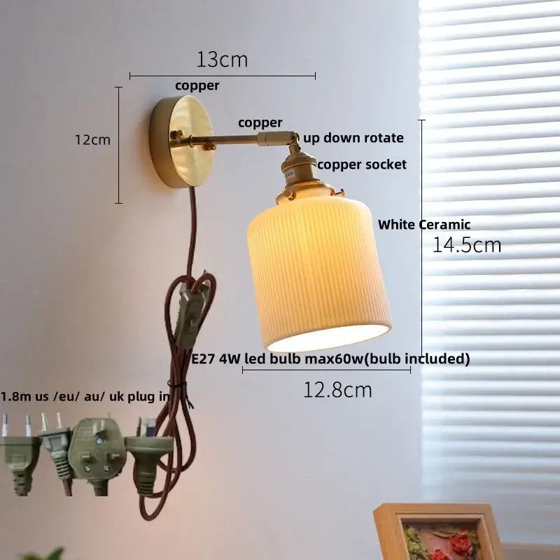 Vintage white ceramic and copper canopy led wall sconce with vertical ridges for bedroom decor by decorbites copper canopy
