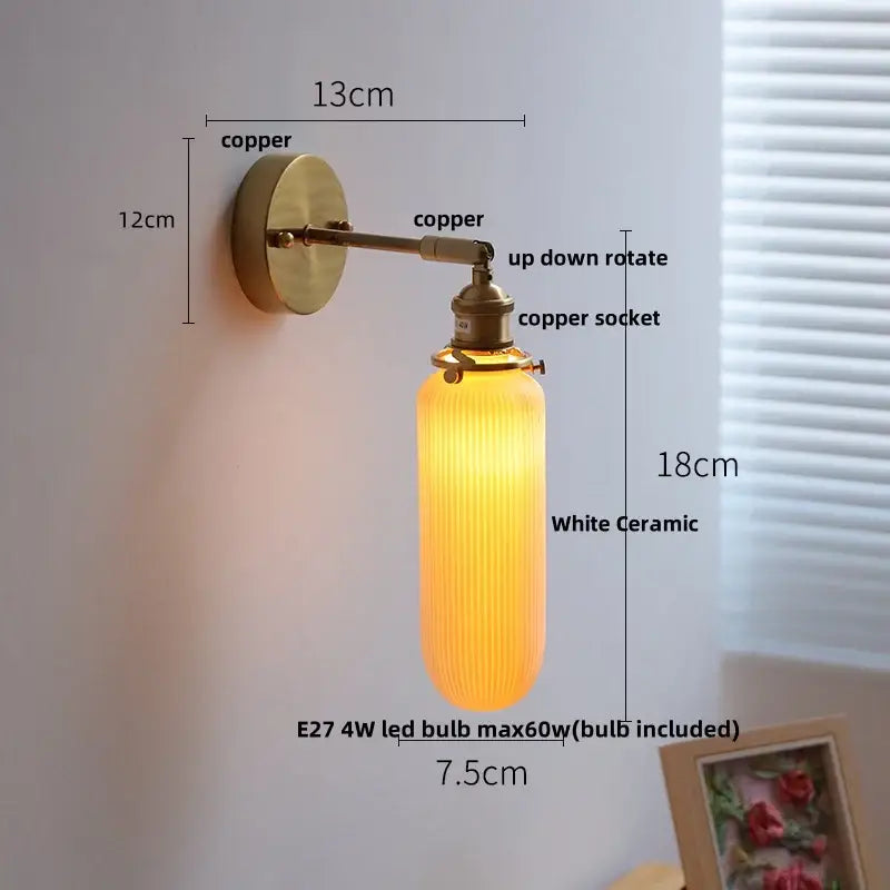 Vintage white ceramic wall sconce with copper finish and vertically ribbed shade decorbites copper canopy led bedroom light