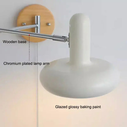 Vintage white ceramic and wood rocker arm wall lamp with white glazed glossy baking paint shade by decorbites cream wind